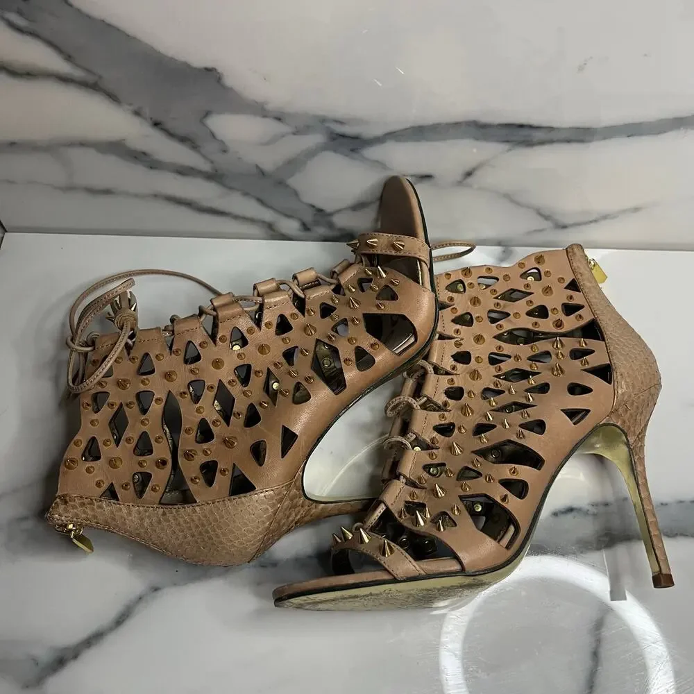 Sam Edelman Women's Tan Leather Spikes Open Toe Allison Bootie Heels Sz 6.5